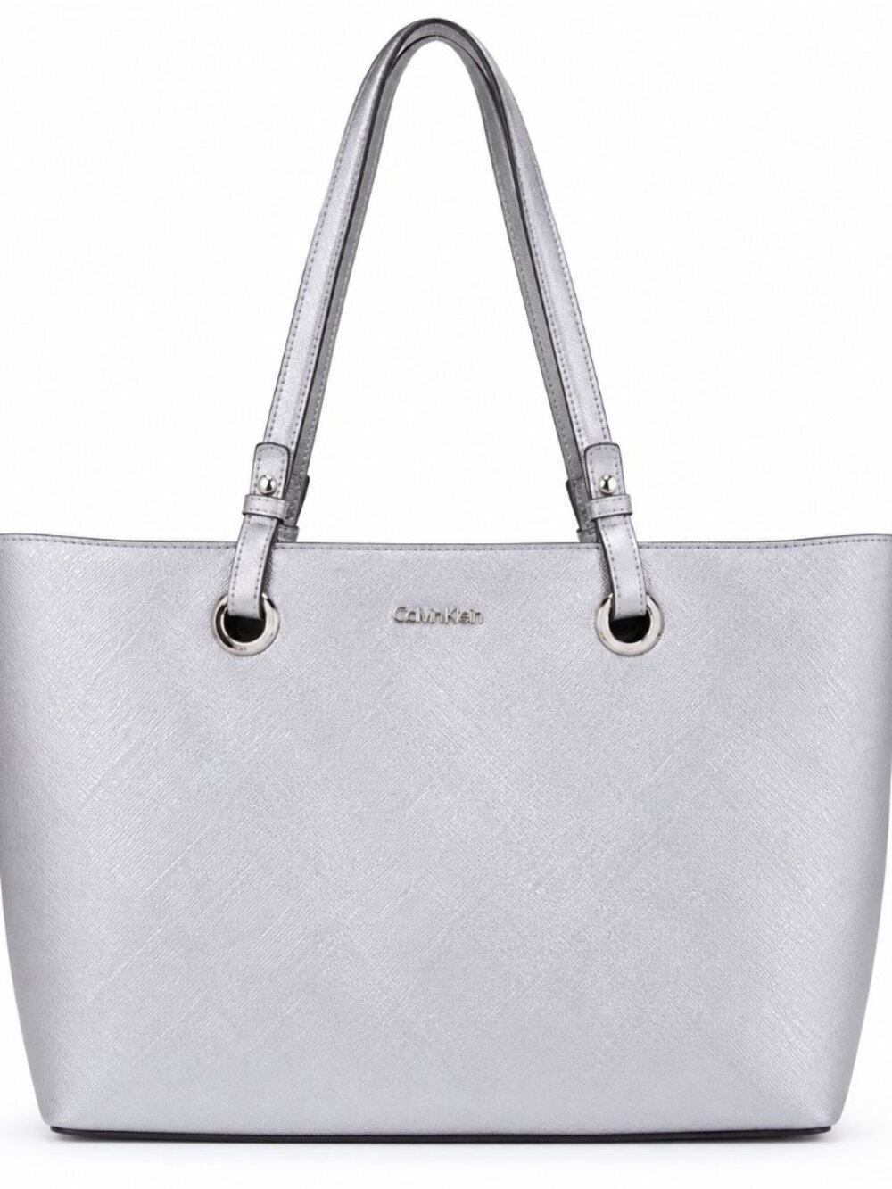 Silver Calvin Klein Tote Bag | Metallic Saffiano Textured Shoulder Bag
